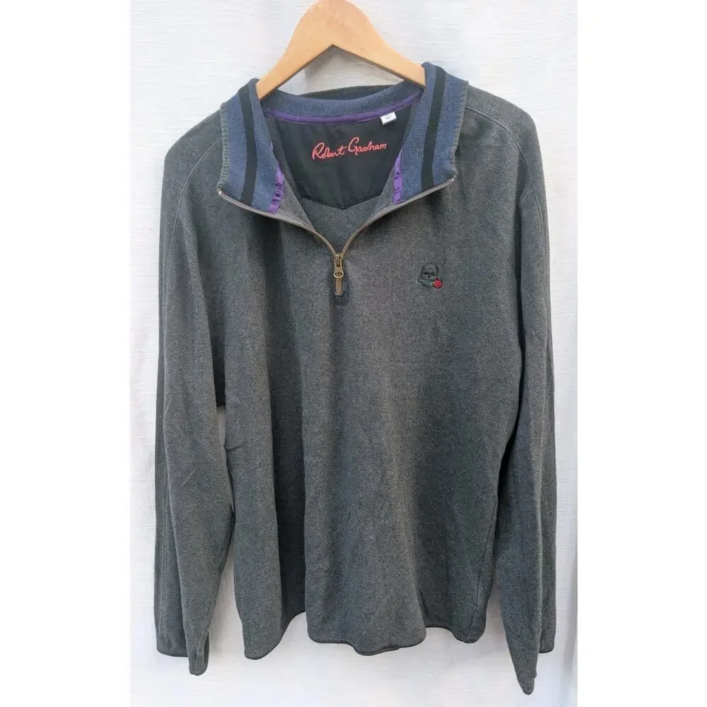 Robert Graham Mens Skull Rose Logo Half Zip Pullover Sweater‎ Sz Large Charcoal